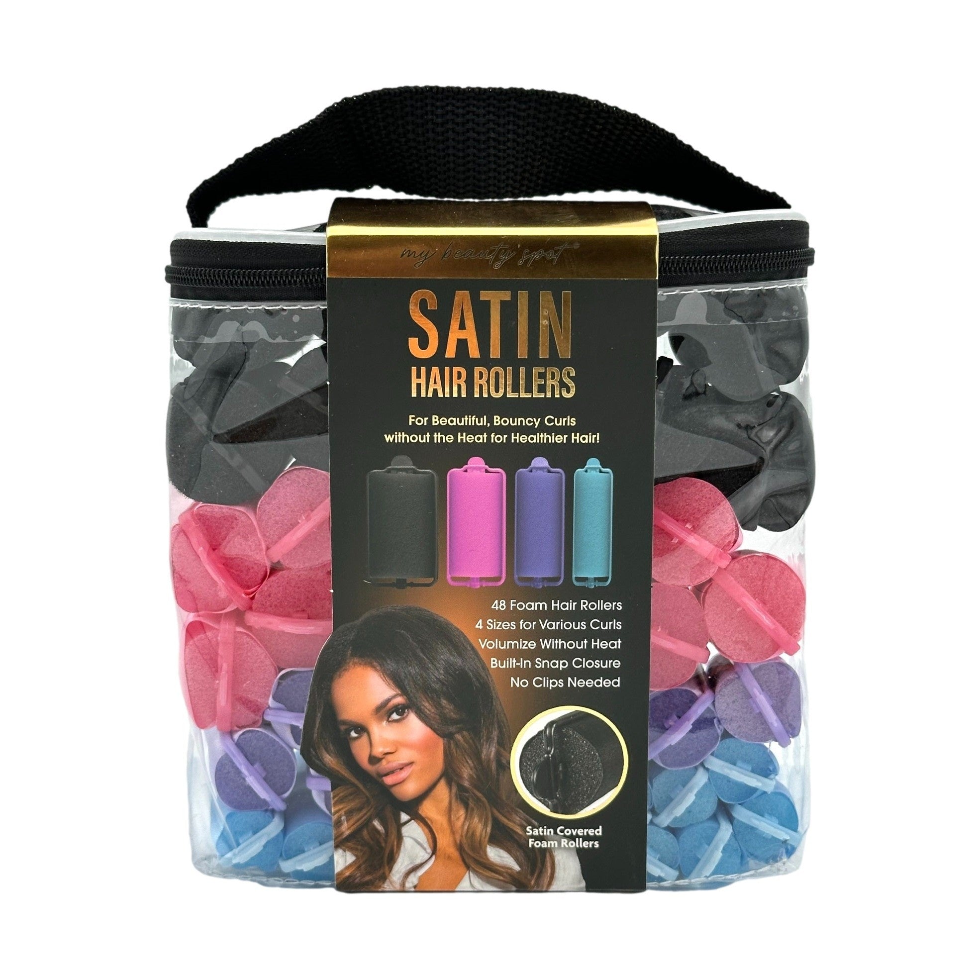 Satin hair rollers in a zippered clear bag with a handle.